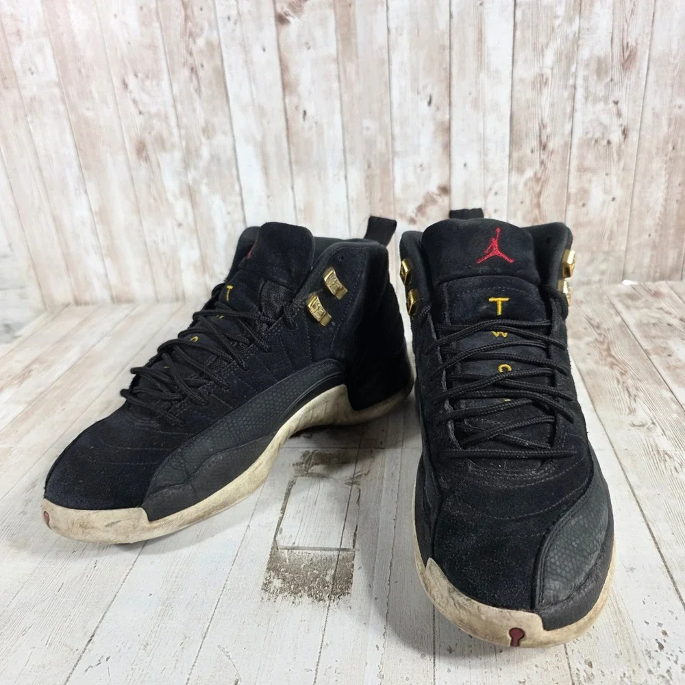 Jordan 12 Retro Reverse Taxi Black Suede Gold 130690-017 Mens Size 9